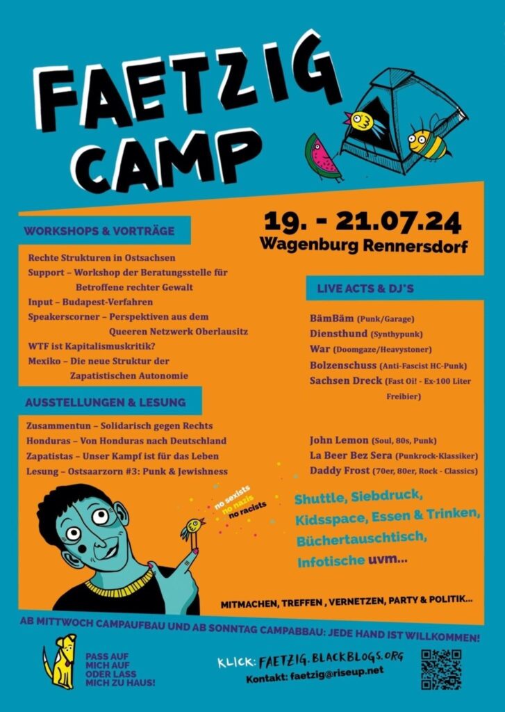 Faetzig Camp Flyer 19.07.-21.07. Wagenburg Rennersdorf mit Vorträgen, Ausstellungen und Musik (Punk, HC, Stoner)