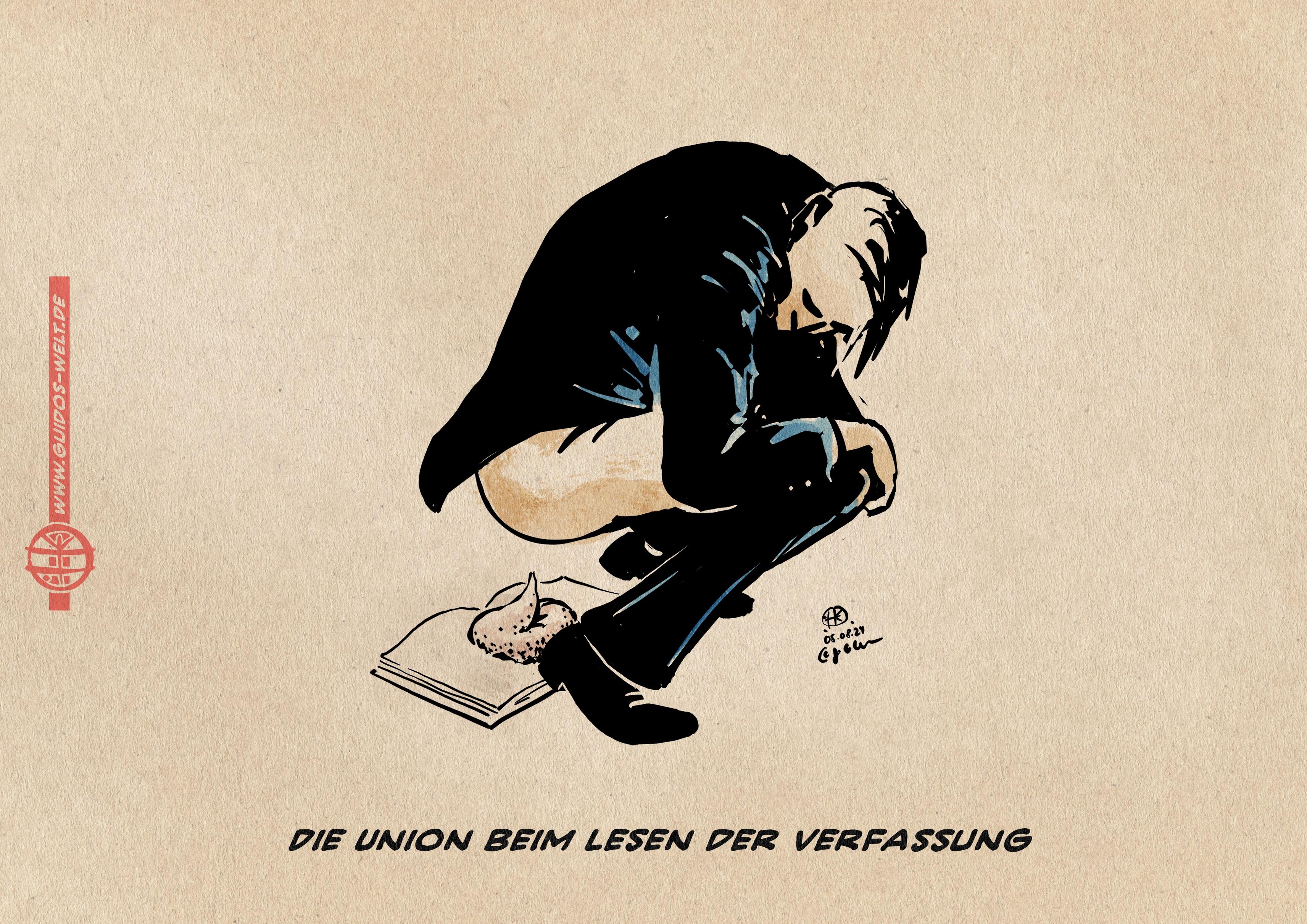 Illustration Ein Mann in Anzug scheißt hockend auf ein Buch, welches er anschaut. Textzeile: Die Union beim Lesen der Verfassung