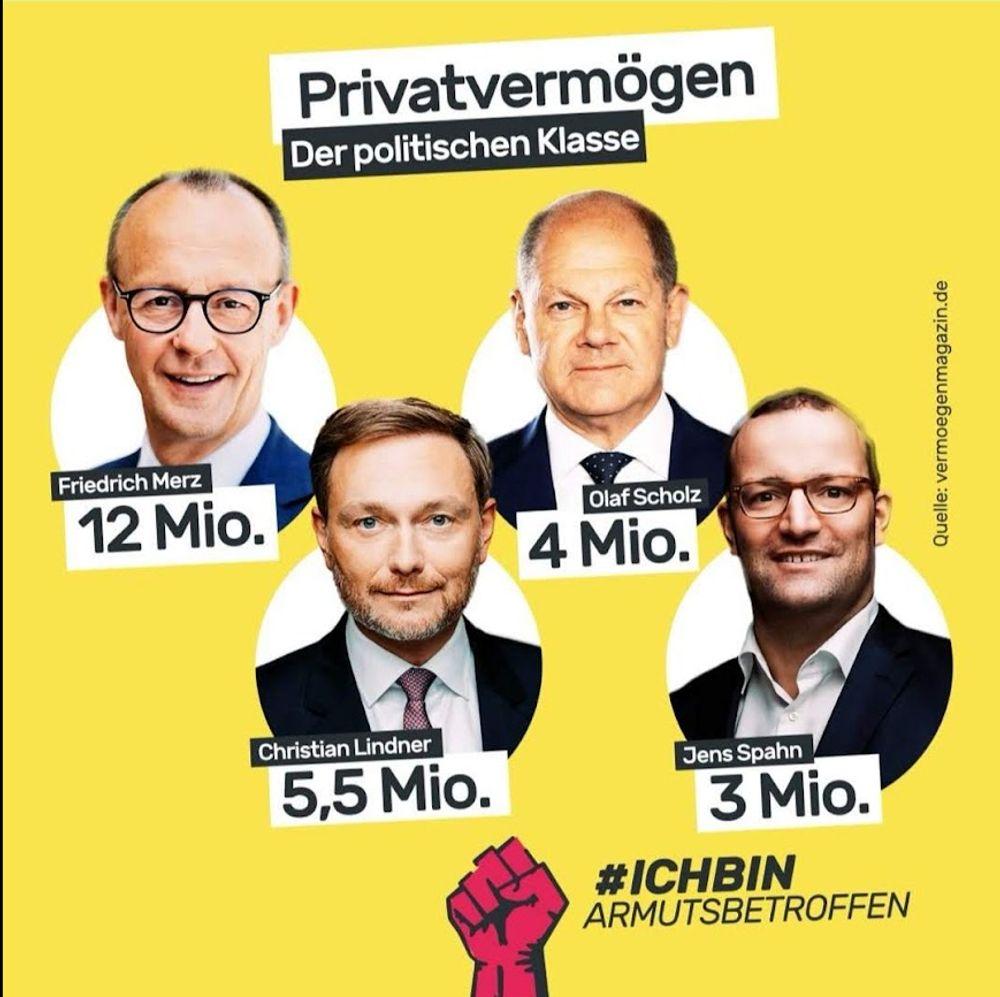 <br&gt;&lt;br&gt;Privatvermögen&lt;br&gt;Der politischen Klasse&lt;br&gt;Friedrich Merz 12 Mio.&lt;br&gt;Olaf Scholz 4 Mio.&lt;br&gt;Christian Lindner 5,5 Mio.&lt;br&gt;Jens Spahn 3 Mio.&lt;br&gt;#ICHBIN ARMUTSBETROFFEN&lt;br&gt;Quelle: vermoegenmagazin.de