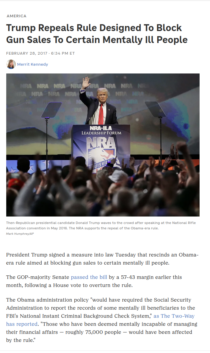 screenshot of nprr article from Feb 28, 2017 - trump makes it easier for mentally ill people to get guns