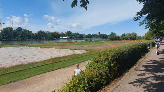 Heidelberg, noch von den Hochwasserfolgen betroffene Teile der Neckarwiese.