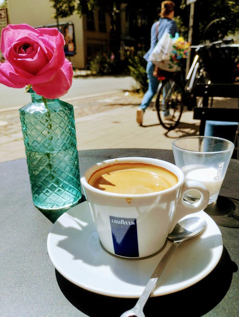 Von der Sonne beschienener Bistro-Tisch mit einer Tasse Kaffee, Milch und einer Blumenvase mit einer einzelnen pinkfarbenen Rose