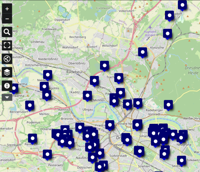 Ausschnitt aus der uMap Tischtennis in Dresden. Die Tischtennis-Orte sind mit einem blauen Symbol markiert