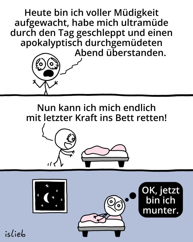 Comic. Figur: "Heute bin ich voller Müdigkeit aufgewacht, habe mich ultramüde durch den Tag geschleppt und einen apokalyptisch durchgemüdeten Abend überstanden. Nun kann ich mich endlich mit letzter Kraft ins Bett retten!" Die Figur liegt im Bett und denkt: "OK, jetzt bin ich munter."