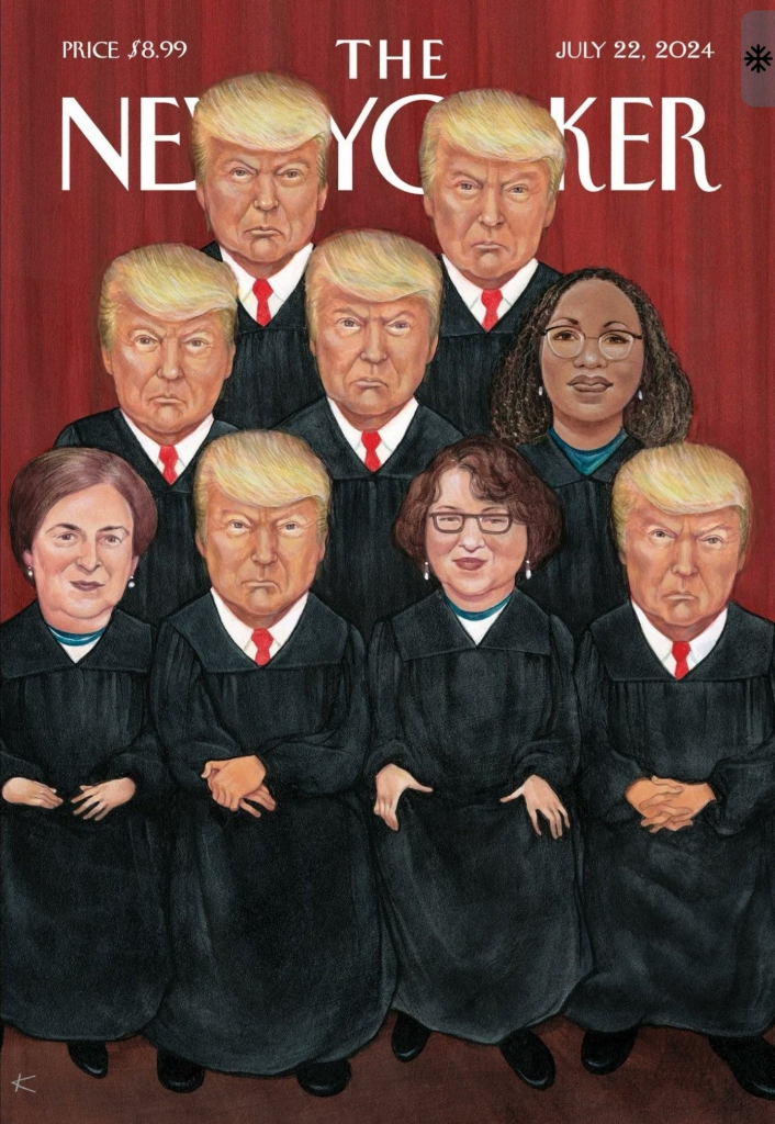 Copy of the New Yorker, showing Trump faces on all judges except the three female Democrat appointed ones