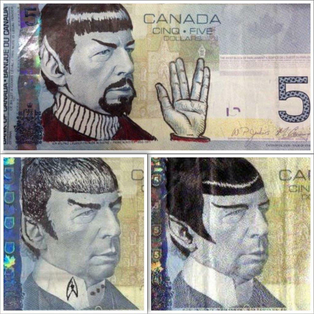 3 Canadian $5 bills where Wilfred Laurier is turned into Spock from Star Trek with a pen