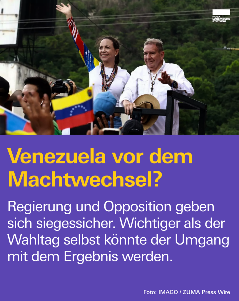 Ein Foto von Oppositionsführerin María Corina Machado. Dazu der Text: "Venezuela vor dem Machtwechsel? Im Präsidentschaftswahlkampf geben sich Regierung und Opposition siegessicher. Wichtiger als der Wahltag selbst könnte der Umgang mit dem Ergebnis werden. Von Tobias Lambert."