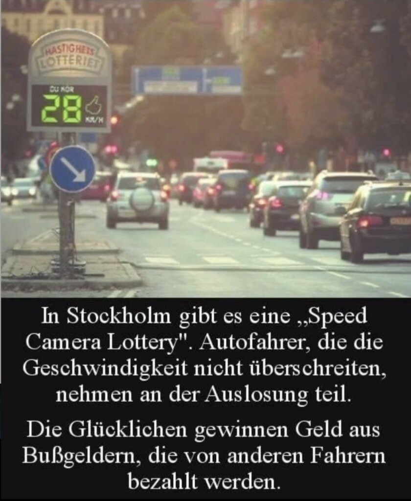 Strasse mit Geschwindigkeitsanzeige. Wer die Begrenzung nicht überschreitet nimmt an einer Lotterie teil die von Bußgeldern finanziert wird. 