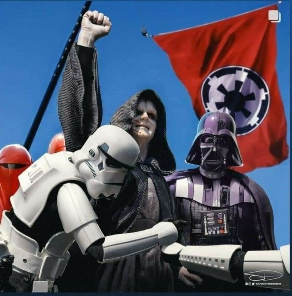 Trump-Meme: Trump and his Guards replaced with Imperator Palpatine, Darts Vader and a STORM trooper.