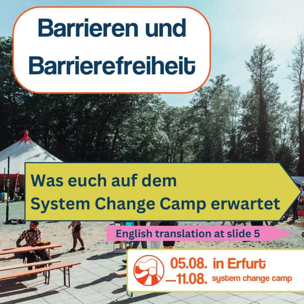 Das Hintergrundbild zeigt ein Camp mit Zelt, Biertischgarnituren und Menschen. 
Überschrift: Barrieren und Barrierefreiheit
Unterüberschrift: Was euch auf dem Camp erwartet