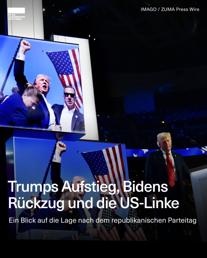 Foto: Das Attentat auf Donald Trump steht im Zentrum der Inszenierung der Republican National Convention in Milwaukee, Wisconsin. Dazu der Text: "Trumps Aufstieg, Bidens Rückzug und die US-Linke. Ein Blick auf die Lage nach dem republikanischen Parteitag."