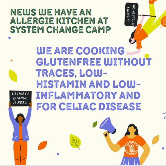 At the top left it says "news, we have an allergie kitchen at System change camp" in green lettering on a white background. Underneath it says "We cook gluten-free, low inflammation, low histamine and coeliac-friendly" in purple lettering. There are illustrations of people in the bottom right and left corners and at the top right.