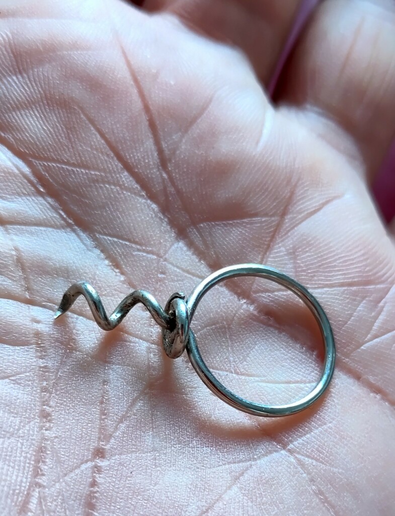 Small corkscrew-like tool that ends in a ring, small enough to fit on my pinkies.

Kleines Werkzeug, das aussieht wie ein Mini-Korkenzieher. Am Ende ein Ring, der auf meine kleinen Finger passt.