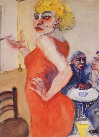 Lissy, 1931; Aquarell über Bleistift; 49 x 68 cm 
Eine Frau in einem roten Kleid, die Linke in die Hüfte gestemmt, in der Rechten eine Zigarettenspitze 