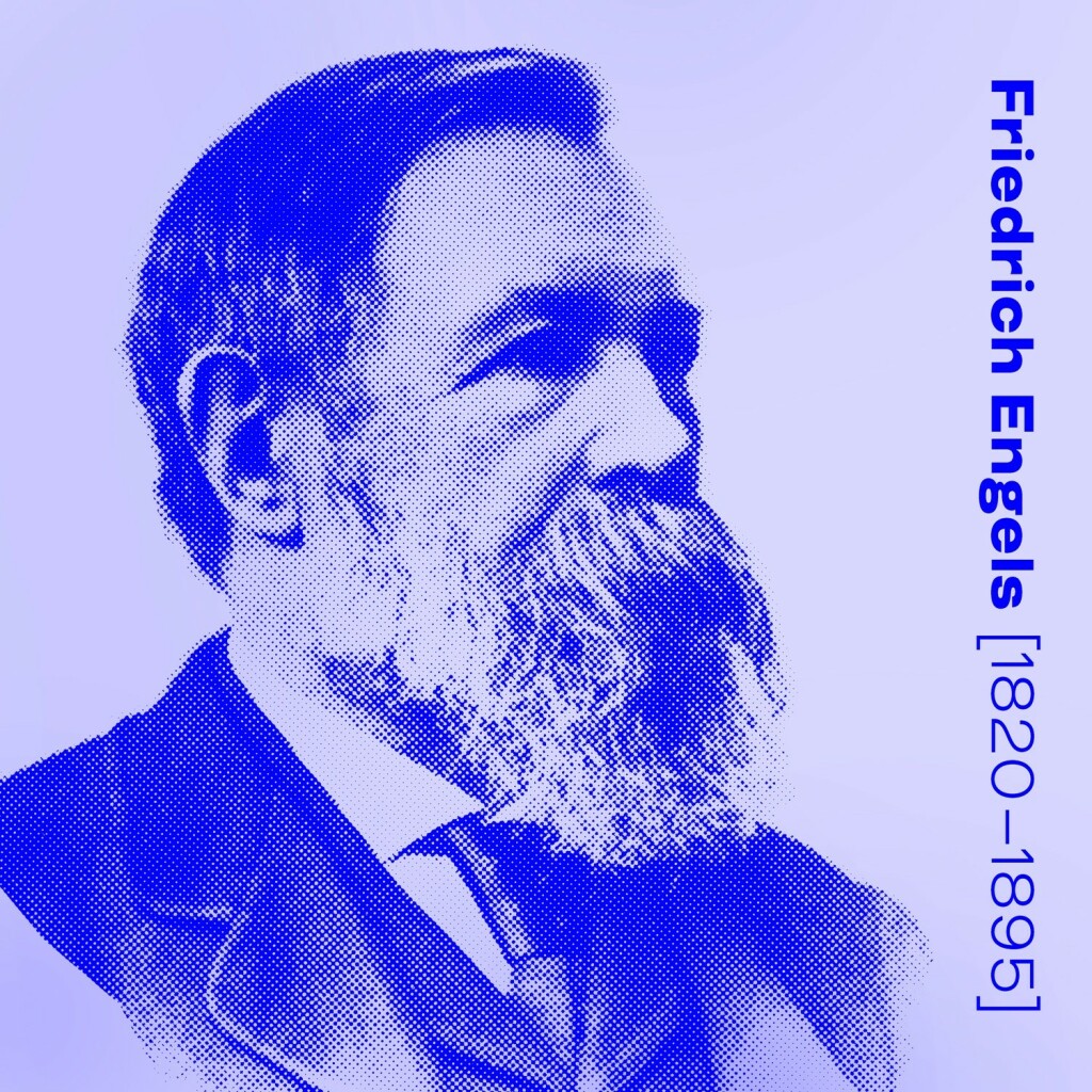 Aufgerastertes Porträt von Friedrich Engels, daneben seine Lebensdaten 1820 bis 1895