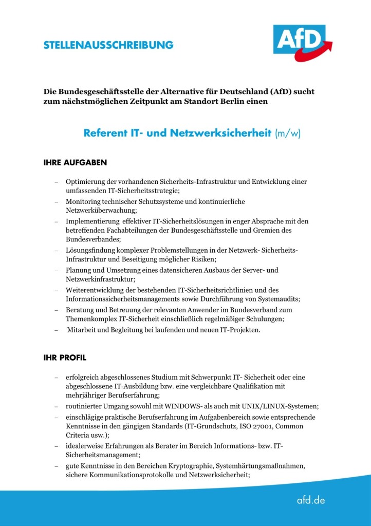 Job posting for an IT and Network Security Specialist (m/w) by the Federal Office of the Alternative for Germany (AfD) in Berlin. Responsibilities include IT security strategy development, system monitoring, risk management, and project support. Requirements include IT education