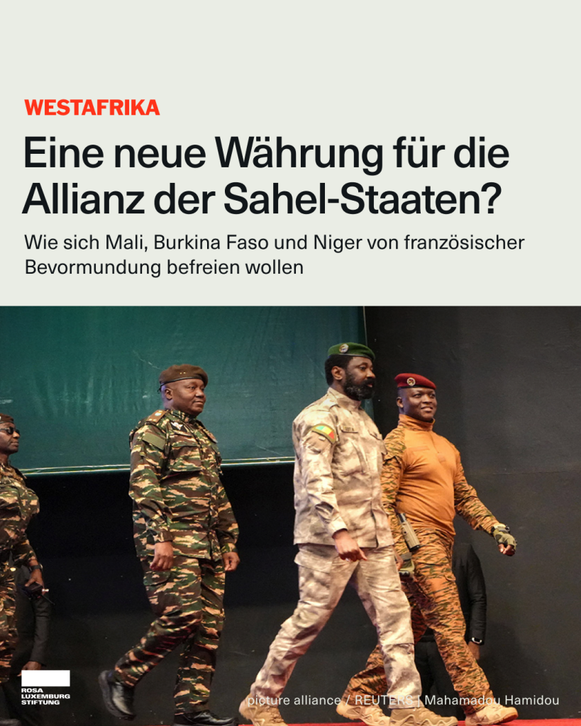 Foto: Die Staatschefs von Mali, Assimi Goïta, Burkina Faso, Hauptmann Ibrahim Traoré und Niger, General Abdourahamane Tiani, während des ersten ordentlichen Gipfeltreffens der Staats- und Regierungschefs der Allianz der Sahel-Staaten (AES) in Niamey, Niger, am 6. Juli 2024. Dazu der Text: "Eine neue Währung für die Allianz der Sahel-Staaten? Wie sich Mali, Burkina Faso und Niger von französischer Bevormundung befreien wollen."