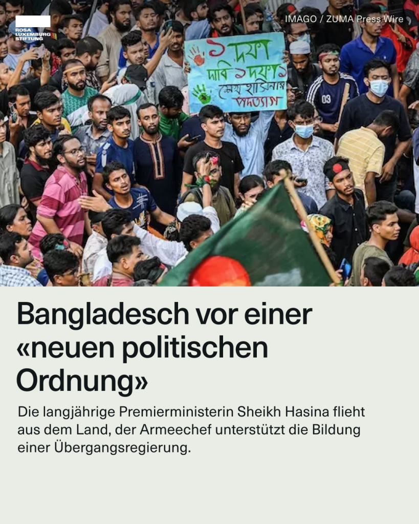 Foto: Regierungsgegner feiern den Rücktritt der bangladeschischen Premierministerin Sheikh Hasina in Shahbag nahe der Universität Dhaka, 5. August 2024. Dazu der Text: "Bangladesch vor einer 'Äneuen politischen Ordnung'. Die langjährige Premierministerin Sheikh Hasina flieht aus dem Land, der Armeechef unterstützt die Bildung einer Übergangsregierung." 