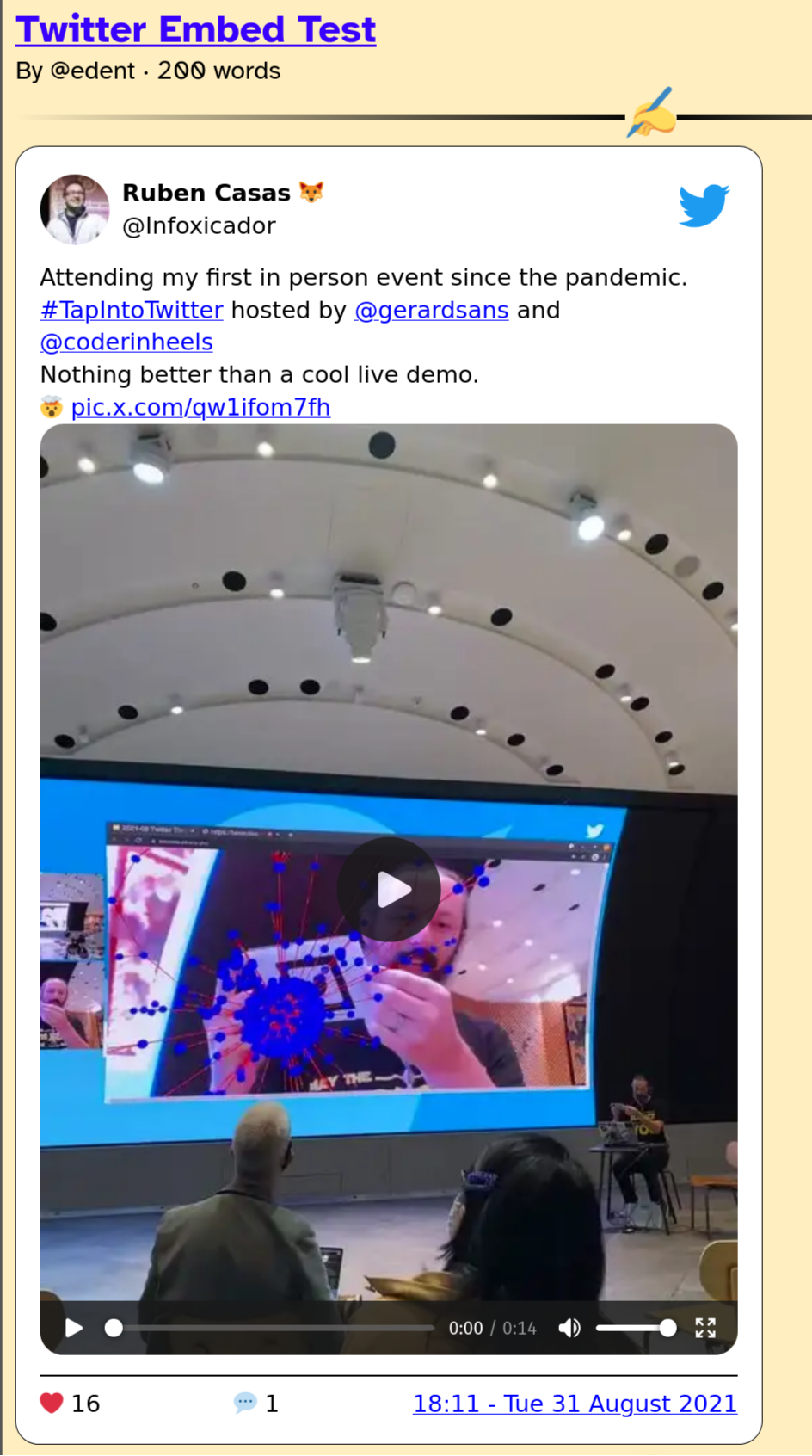 Screenshot of an embedded Tweet - there is a video attached with a native player. All links, hashtags, and user mentions work.