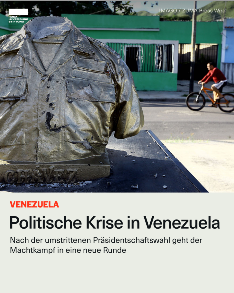 Foto: Geköpfte Büste des früheren venezolanischen Präsidenten Hugo Chávez in der Stadt Guacara. Die Statue ist während nächtlicher Ausschreitungen nach den umstrittenen Wahlen zerstört worden. Dazu der Text: "Politische Krise in Venezuela. Nach der umstrittenen Präsidentschaftswahl geht der Machtkampf in eine neue Runde".