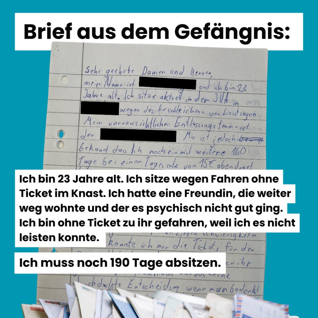 Dargestellt ist ein handschriftlicher Brief mit der Überschrift: "Brief aus dem Gefängnis". Teile des Briefes werden zusammengefasst: "Ich bin 23 Jahre alt. Ich sitze wegen Fahren ohne Ticket im Knast. Ich hatte eine Freundin, die weiter weg wohnte und der es psychisch nicht gut ging. Ich bin ohne Ticket zu ihr gefahren, weil ich es nicht leisten konnte. Ich muss noch 190 Tage absitzen"