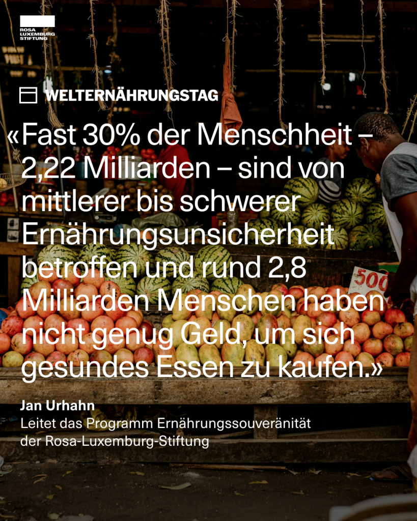 Ein Marktstand mit frischem Obst, dazu das Zitat: "Fast 30% der Menschheit – 2,22 Milliarden – sind von mittlerer bis schwerer Ernährungsunsicherheit betroffen und rund 2,8 Milliarden Menschen haben nicht genug Geld, um sich gesundes Essen zu kaufen. - Jan Urhahn, leitet das Programm Ernährungssouveränität der Rosa-Luxemburg-Stiftung".