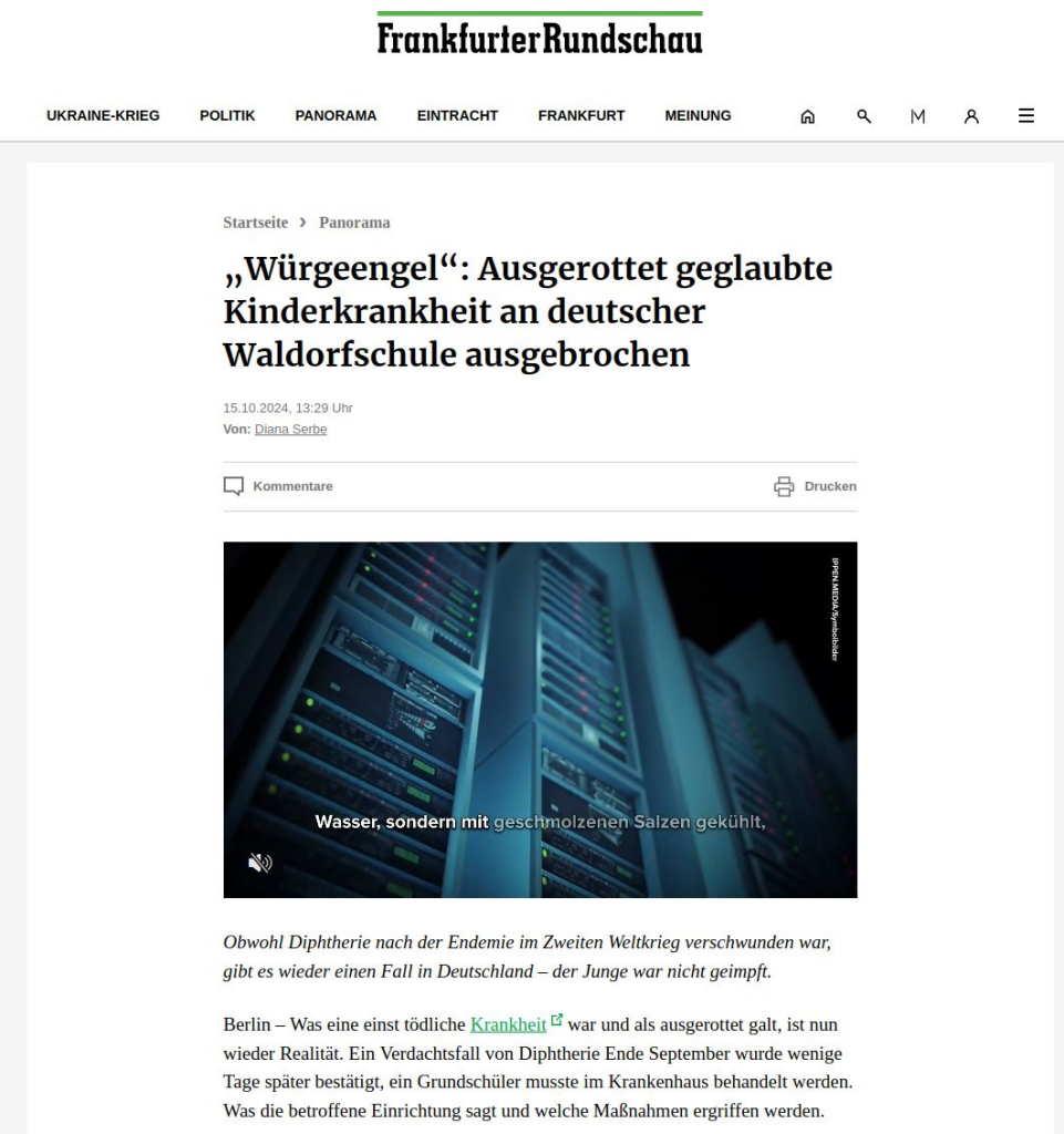 Erste Zeilen eines Zeitungsartikel über Diphterieausbruch an Berliner Waldorfschule.