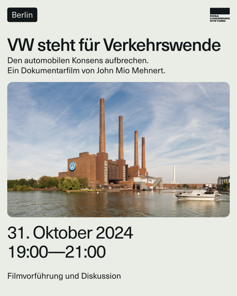 Sharepic mit den Veranstaltungsdaten und einem Foto der VW-Fabrik in Wolfsburg.