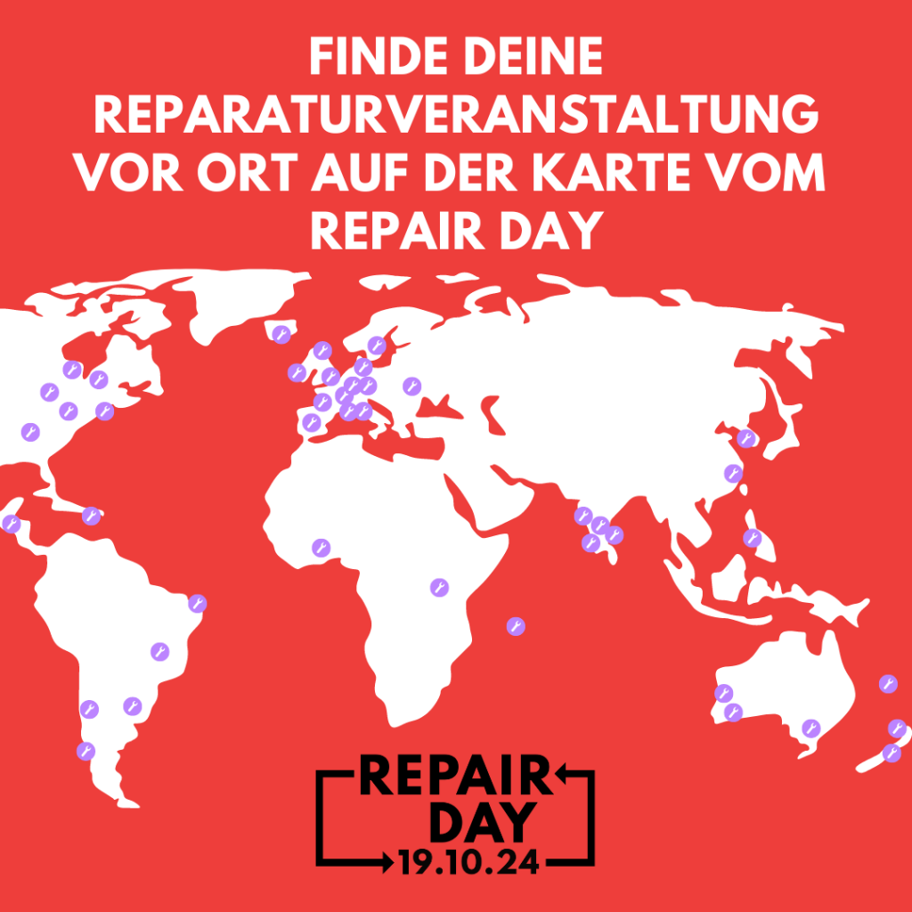 Weiße Darstellung der Welt auf rotem Hintergrund, darüber die Schrift: Finde Deine Reparaturveranstaltung auf der Karte vom Repair Day (19. Oktober 2024).