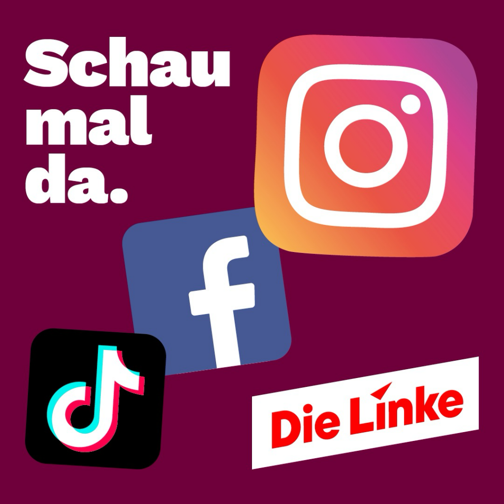 Die Logos von Instagram, Facebook und TikTok sowie Text: „Schau mal da.“