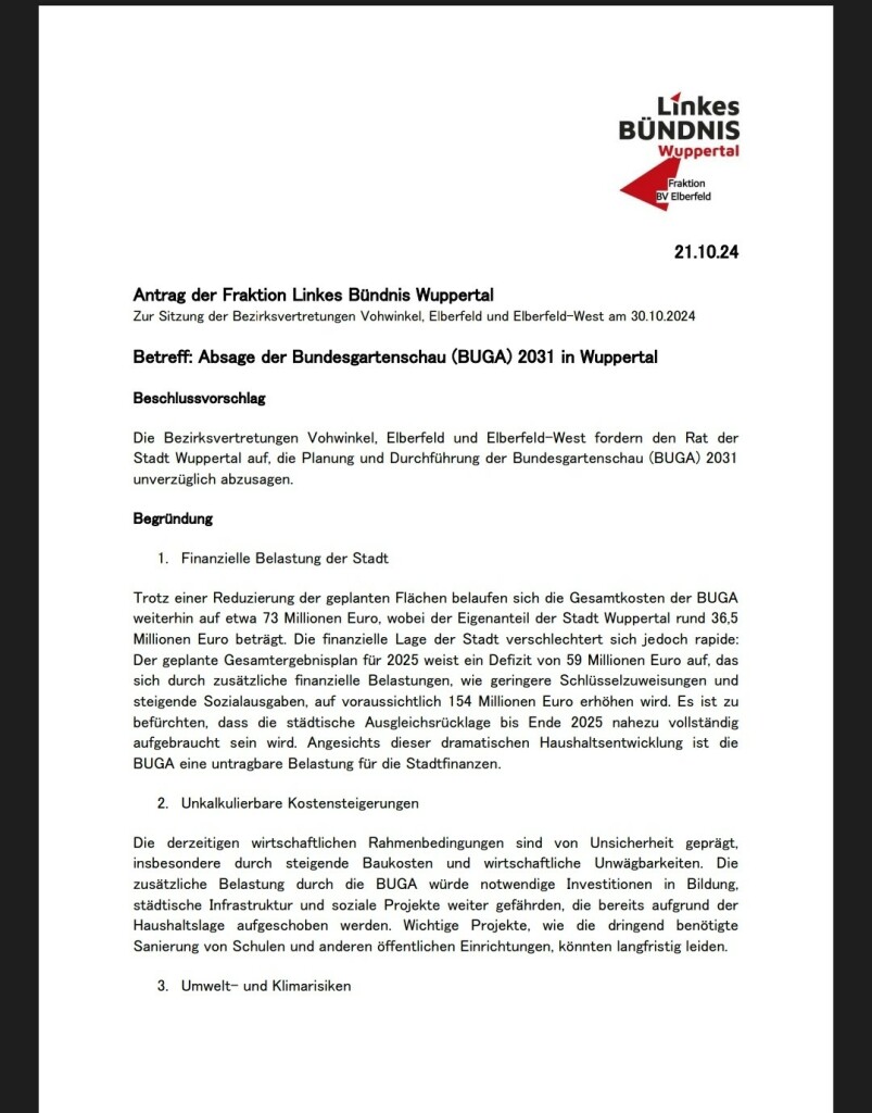 Antrag Absage der Bundesgartenschau (BUGA) 2031 in Wuppertal
Fraktion Linkes Bündnis Wuppertal