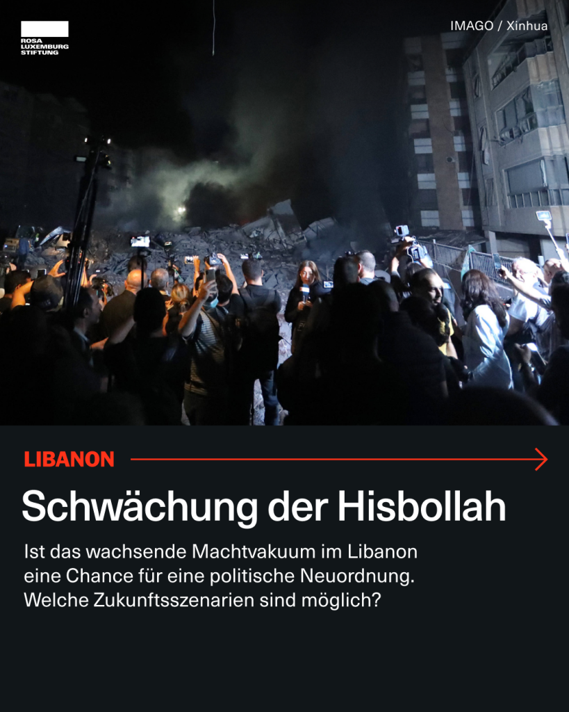 Foto: Unter der Trümmerlandschaft befand sich das Hauptqurtier der Hisbollah, das Israel am 27. Septber 2024 bombadiert hat. Dabei wurde deren Anführer Hassan Nasrallah zusammen mit  vielen weitere Personen getötet. Dazu der Text: "Schwächung der Hisbollah. Ist das wachsende Machtvakuum im Libanon eine Chance für eine politische Neuordnung. Welche Zukunftsszenarien sind möglich?"