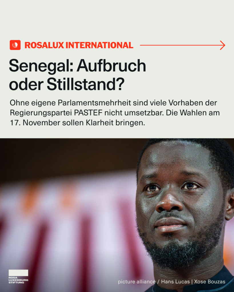 Portraitfoto des senegalesischen Präsidenten Bassirou Diomaye Faye. Dazu der Text: "Senegal: Aufbruch oder Stillstand? Ohne eigene Parlamentsmehrheit sind viele Vorhaben der Regierungspartei PASTEF nicht umsetzbar. Die Wahlen am 17. November sollen Klarheit bringen."