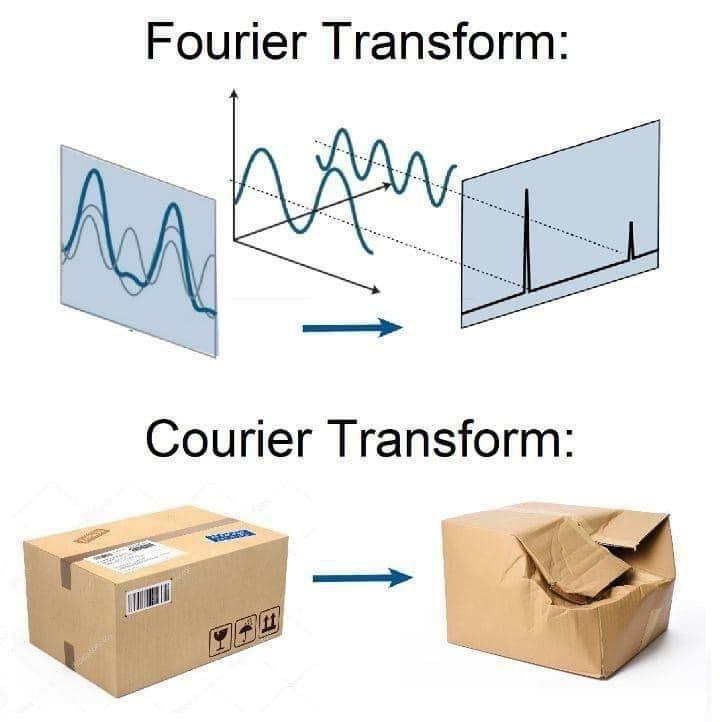 Top: Image shows a visualisation of waveform graph information to demonstrate the concept of a Fourier Transform calculation. The label reads: Fourier Transform

Bottom: Image shows a cardboard package with a subsequent heavily damaged package. 
This label reads: Courier Transform