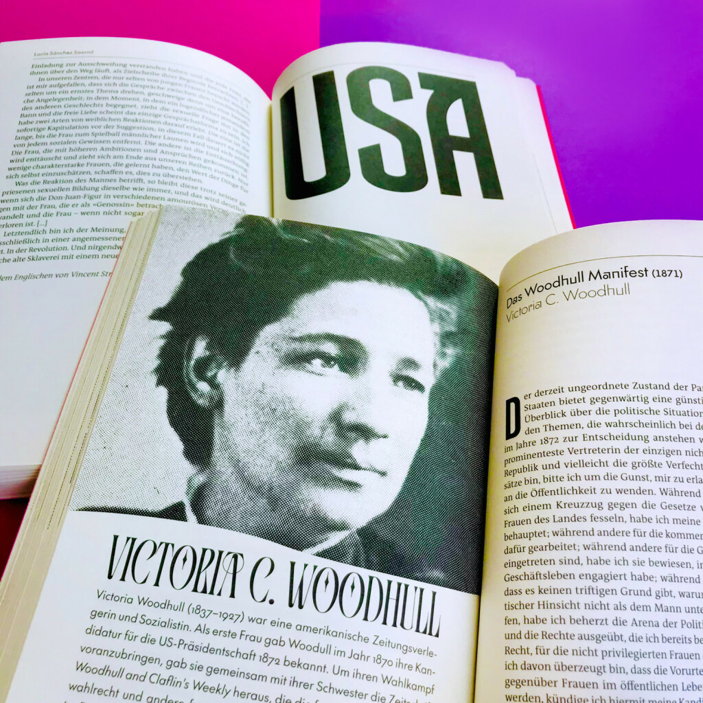 Doppelseite aus unserer Neuerscheinung »Feministische Internationale«, aus den USA vorgestellt: Victoria C. Woodhull mit ihrem Text: »Das Woodhull Manifest« (1871)