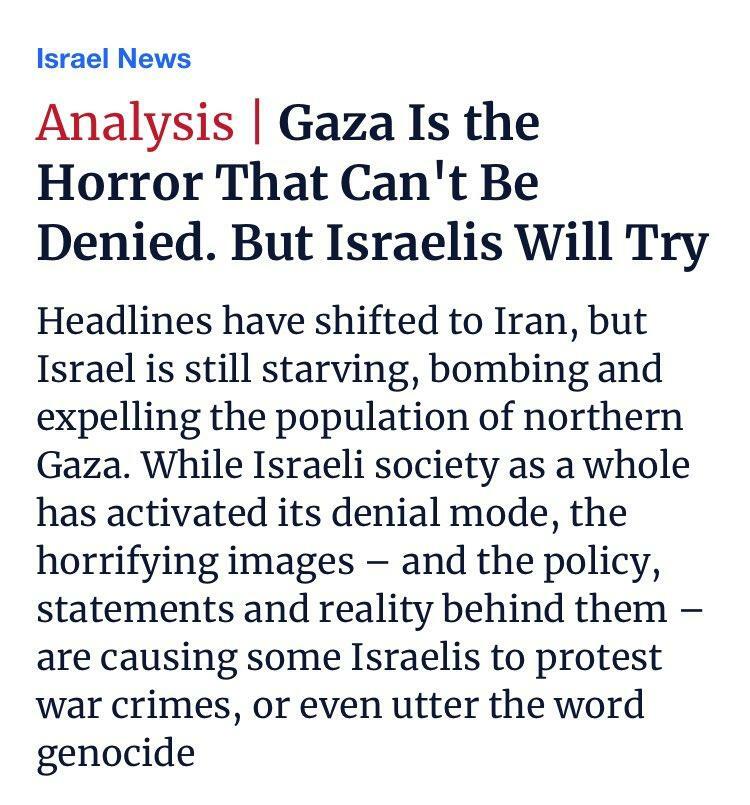 Screenshot Haaretz: Analysis | Gaza Is the Horror That Can't Be Denied. But Israelis Will Try

Headlines have shifted to Iran, but Israel is still starving, bombing and expelling the population of northern Gaza. While Israeli society as a whole has activated its denial mode, the horrifying images – and the policy, statements and reality behind them – are causing some Israelis to protest war crimes, or even utter the word genocide