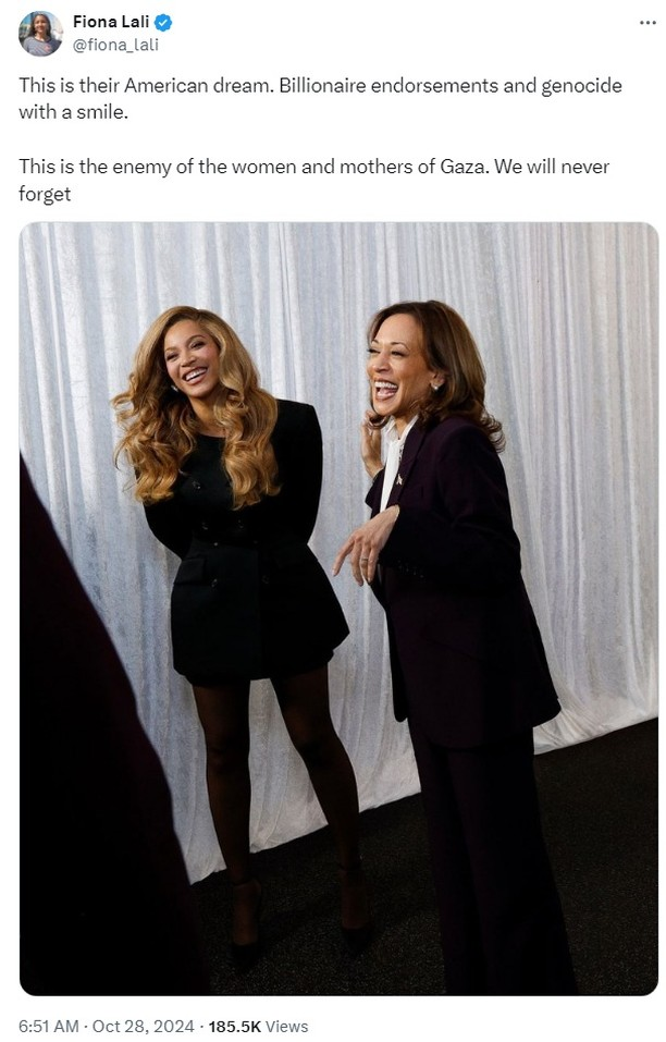 X post vy Fiona Lali @fiona_lali

This is their American dream. Billionaire endorsements and genocide with a smile. 

This is the enemy of the women and mothers of Gaza. We will never forget

Photo of Beyonce and Kamala Harris in front of a floor to ceiling white curtain. They are looking at someone out of frame on the left, and they are both laughing heartily,