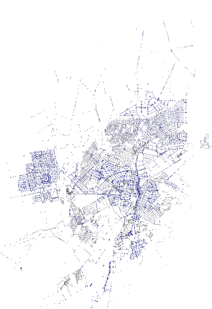 Map with blue tinted and grey dots in varying sizes