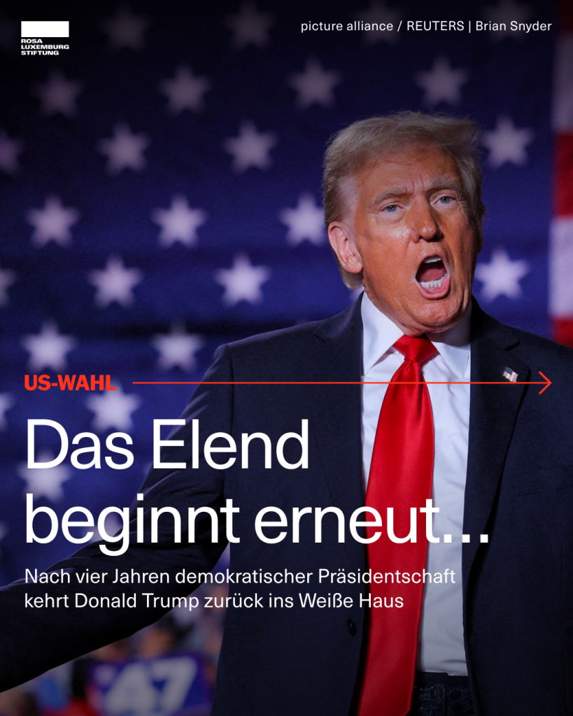 Ein Sharepic mit einem Foto von Donald Trump. Dazu der Text: "US-Wahl. Das Elend beginnt erneut... Nach vier Jahren demokratischer Präsidentschaft ist Donald Trump zurück im Weiße Haus."