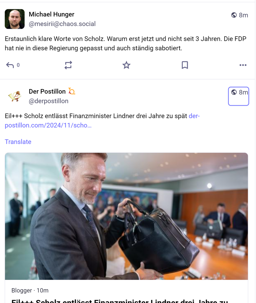 Postillion Post mit "Scholz entlässft Finanzminister Lindener 3 Jahre zu spät" direkt unter Michaels Posting.