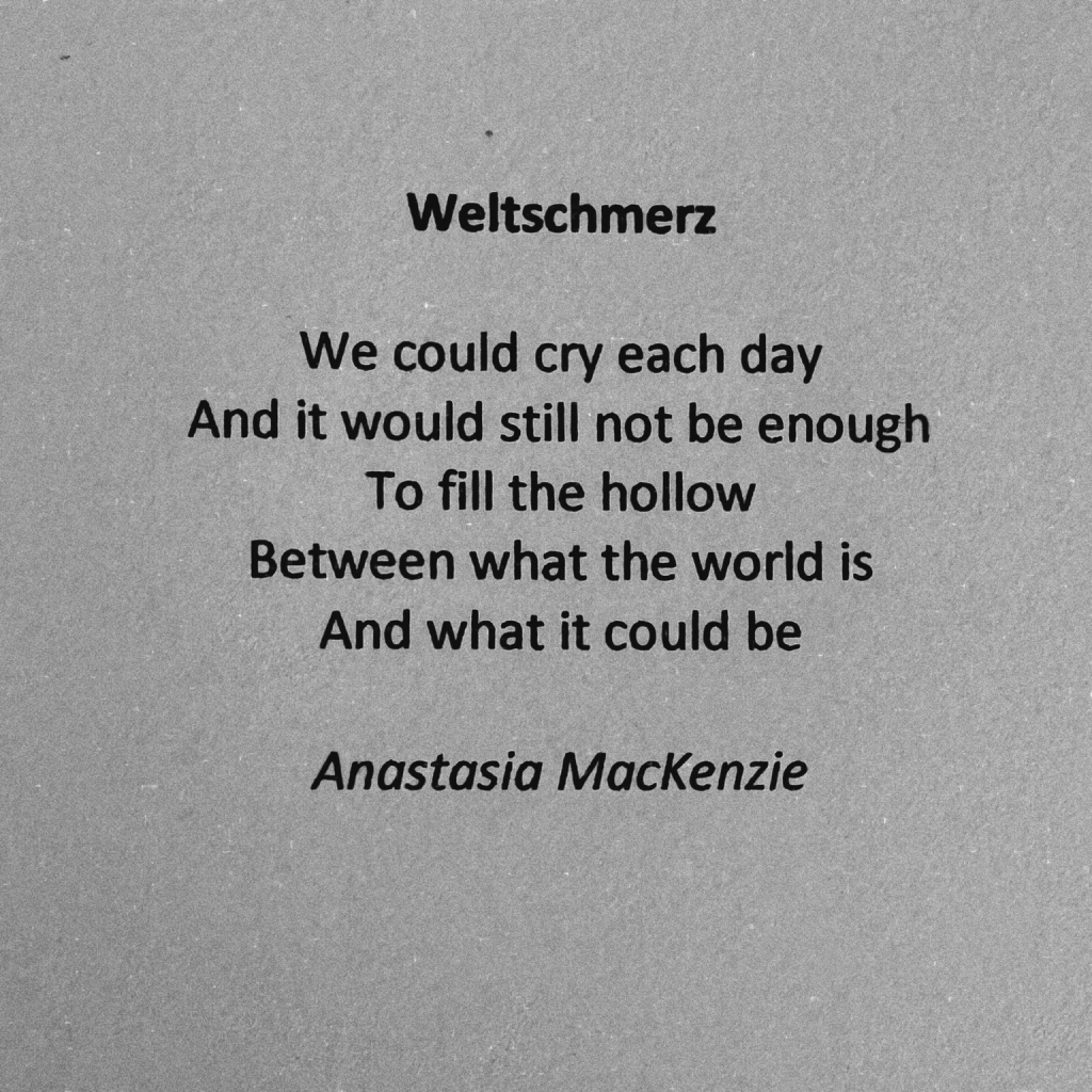 Poem titled Weltschmerz, We could cry each day And it would still not be enough To fill the hollow Between what the world is And what it could be, by Anastasia MacKenzie