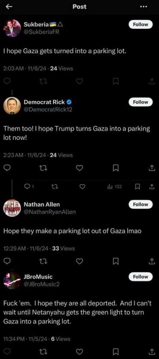 Sukberia @SukberiaFR

I hope Gaza gets turned into a parking lot. 2:03AM - 11/6/24 - 24 

Democrat Rick @DemocratRick12

Them too! | hope Trump turns Gaza into a parking 1T 2:23AM - 11/6/24 

Nathan Allen @NathanRyanAllen

Hope they make a parking lot out of Gaza Imao 12:29 AM - 11/6/24 

JBroMusic y @JBroMusic2

Fuck 'em. | hope they are all deported. And | can't wait until Netanyahu gets the green light to turn Gaza into a parking lot. 11:34 PM - 11/5/24