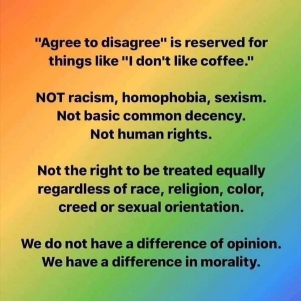 "Agree to disagree" is reserved for things like "l don't like coffee." 

NOT racism, homophobia, sexism. 
Not basic common decency. 
Not human rights.

Not the right to be treated equally regardless of race, religion, color, creed or sexual orientation. 

We do not have a difference of opinion We have a difference in morality.