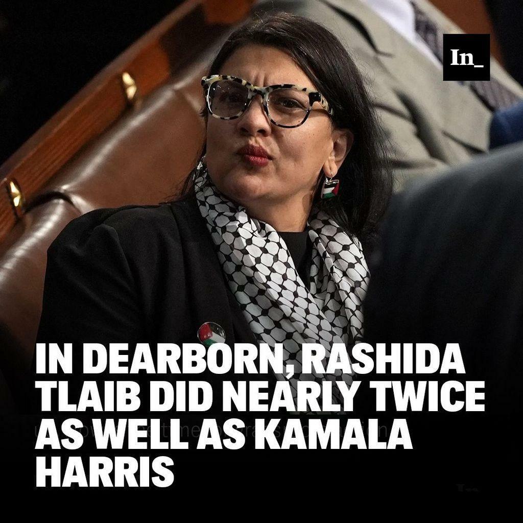 A photo of Rep. Rashida Tlaib, D-Mich., before Israeli Prime Minister Benjamin Netanyahu’s speech to Congress in Washington on July 24, 2024, overlaid with the headline, "In Dearborn, Rashida Tlaib Did Nearly Twice as Well as Kamala Harris."