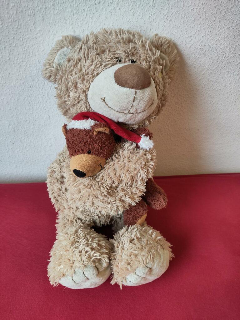 Ich umarme einen kleineren Bären, der eine Weihnachtsmütze auf hat. Wir sind beide glücklich, weil umarmen uns glücklich macht 🐻