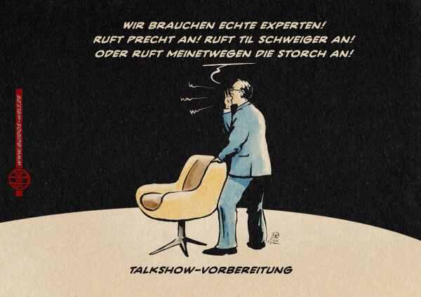 Illustration. Ein Mann steht in einem Lichtkreis, die Hand an einem leeren  Designerpolsterstuhl. Er ruft: „Wir brauchen echte Experten! Ruft Precht an! Ruft Til Schweiger an! Oder ruft meinetwegen die Storch an!
Textteile: Talkshow-Vorbereitung.