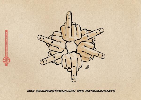 Illustration Ein Gendersternchen das sich aus Fäusten mit erhobenem Mittelfinger zusammensetzt. Textzeile: Das Gendersternchen des Patriarchats