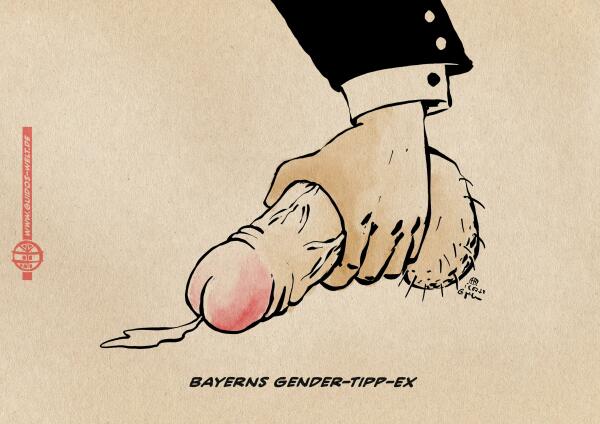 CN Explizit Content

Eine Hand hält einen geschwollenen Penis mit Ejakulat. 

Textzeile: Bayerns Gender-Tipp-Ex