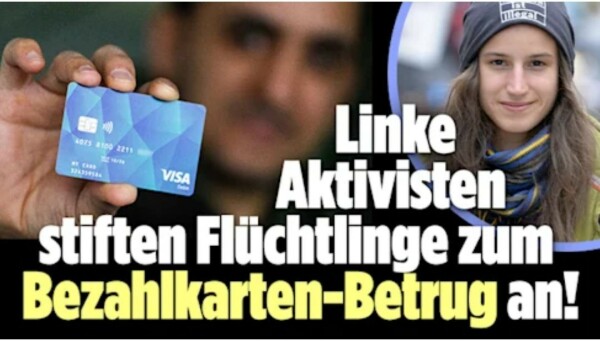 Screenshot einer Bild-Artikel-Kachel. Links hält ein Mann eine blaue Karte in die Kamera. Rechts ein Foto von Lisa Poettinger. Dazwischen steht der Text: Linke Aktivisten stiften Flüchtlinge zum Bezahlkarten-Betrug an!