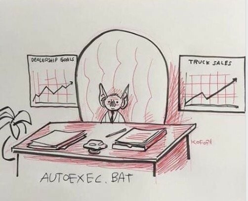 A red pen drawing of a bat, wearing a suit, sat in a large chair behind a desk with papers on it. On the wall behind are two charts, one titled 'Dealership Goals' and the other 'Truck Sales'. Both are on the increase. This is one successful auto exec bat.

credit: drawn by Adam Koford